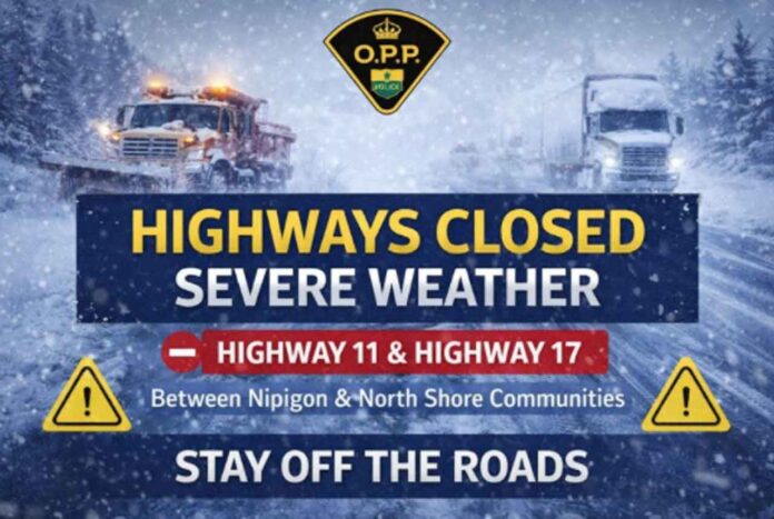 Jan 13 2026 - OPP reports Hwy 11 and Hwy 17 closures near Nipigon due to severe weather and poor visibility