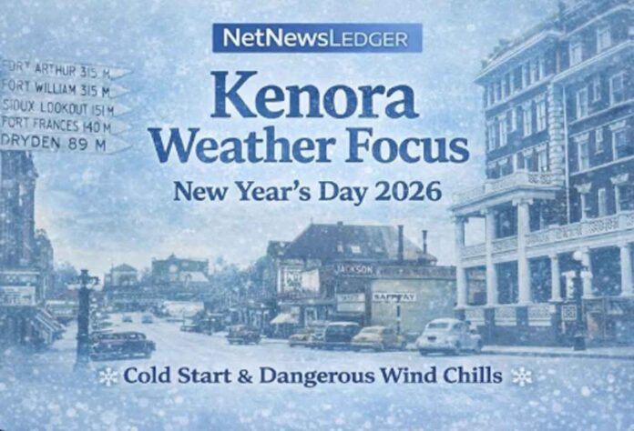 Kenora and Lake of the Woods weather for New Year’s Day 2026: light snow early then a mix of sun and cloud with a high near -17°C. Wind chills near -32 this morning and -32 overnight bring frostbite risk. Sunny Friday, then snow chances increase into the weekend