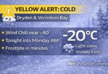 January 18, 2026: Dryden & Vermilion Bay Weather — Yellow Cold Warning, Wind Chills Near -40 Tonight Dryden & Vermilion Bay weather for Jan 18, 2026: Yellow Cold Warning with wind chills near -40 tonight into Monday morning. Light snow today, local blowing snow, and dangerous cold persists into midweek.