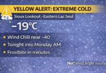 January 18, 2026: Sioux Lookout’s Detailed Weather Forecast — Yellow Cold Warning as Wind Chills Near -40 Tonight Sioux Lookout weather forecast for January 18, 2026: Light snow today (about 2 cm) with winds shifting northwest gusting to 40 km/h. Yellow Cold Warning in effect as wind chills near -40 arrive tonight into Monday morning, with frostbite risk in minutes.