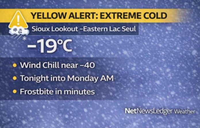 Sioux Lookout weather forecast for January 18, 2026: Light snow today (about 2 cm) with winds shifting northwest gusting to 40 km/h. Yellow Cold Warning in effect as wind chills near -40 arrive tonight into Monday morning, with frostbite risk in minutes.