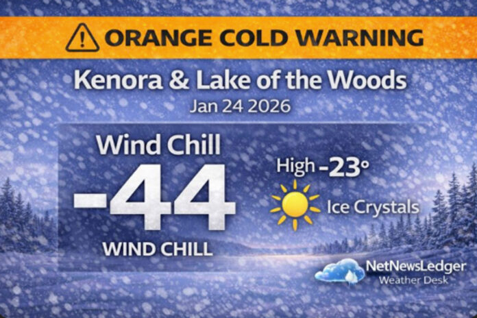 Kenora and Lake of the Woods remain under an Environment Canada Orange Cold Warning on Jan. 24, 2026. Morning wind chills near -45 and overnight chills near -41 keep frostbite risk high through the weekend. Full forecast, safety tips, and what to wear
