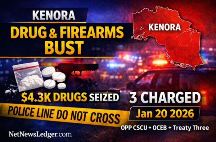 Kenora OPP seize meth, MDMA, hydromorphone and 2 firearms; three charged, court set for Mar 9, 2026.
