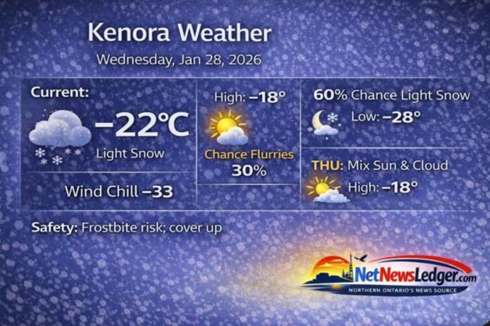 Kenora weather forecast for Wednesday, January 28, 2026: light snow and extreme cold near -22°C with wind chill -33. Flurries possible today, light snow likely tonight, and continued bitter cold through Thursday and Friday.