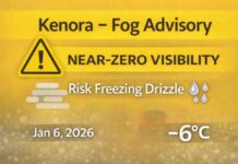 January 6, 2026: Kenora–Grassy Narrows–Whitedog Weather Focus — Dense Fog Advisory, Freezing Drizzle Risk, Light Snow Possible Kenora Weather