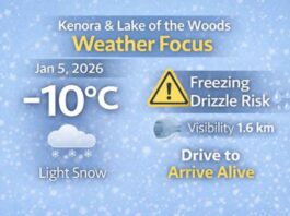 January 5, 2026: Kenora & Lake of the Woods Weather Focus — Light Snow, Low Visibility, and Freezing Drizzle Risk Kenora and Lake of the Woods weather forecast for Monday, Jan. 5, 2026: light snow with low visibility early, a 60% chance of ongoing light snow today and tonight, and a risk of freezing drizzle creating slippery travel conditions. Improving midweek with a mix of sun and cloud Wednesday and a high near -1°C.