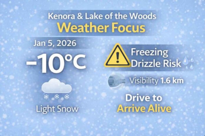 Kenora and Lake of the Woods weather forecast for Monday, Jan. 5, 2026: light snow with low visibility early, a 60% chance of ongoing light snow today and tonight, and a risk of freezing drizzle creating slippery travel conditions. Improving midweek with a mix of sun and cloud Wednesday and a high near -1°C.