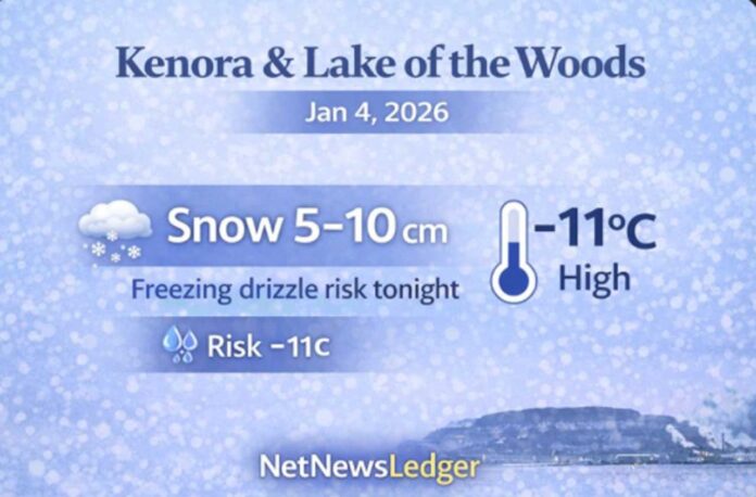 Kenora and Lake of the Woods weather outlook for Sunday, Jan. 4, 2026: snow begins early with 5–10 cm expected today. Periods of snow taper tonight