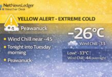 January 18, 2026: Peawanuck Weather Forecast — Yellow Cold Warning as Wind Chills Near -45 Peawanuck weather forecast for January 18, 2026: Yellow Cold Warning in effect with wind chills near -45 from tonight into Tuesday morning. Partly cloudy tonight with a low of -33°C and wind chill near -44. Mainly sunny Monday with extreme wind chills and frostbite risk.