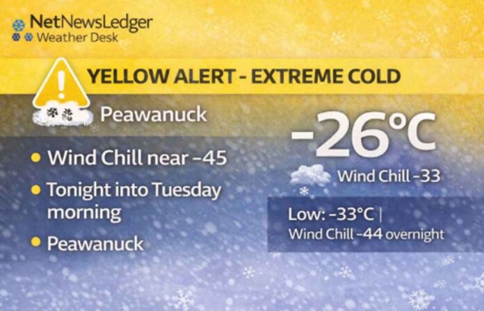 Peawanuck weather forecast for January 18, 2026: Yellow Cold Warning in effect with wind chills near -45 from tonight into Tuesday morning. Partly cloudy tonight with a low of -33°C and wind chill near -44. Mainly sunny Monday with extreme wind chills and frostbite risk.