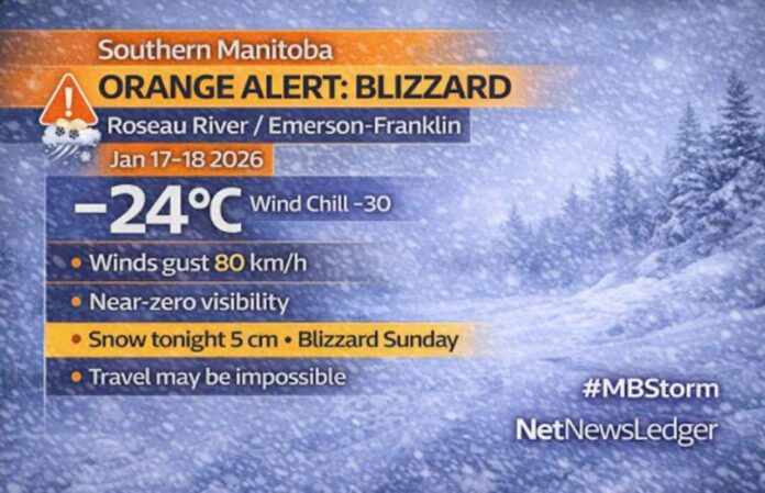 Southern Manitoba weather focus for January 17–18, 2026: Yellow blowing snow advisories are in place, and a blizzard warning is in effect for the Southern Red River Valley including Emerson–Franklin (Roseau River). Snow tonight, then near-zero visibility Sunday with NW winds gusting to 80 km/h and dangerous wind chills.