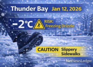 January 12, 2026: Thunder Bay’s Detailed Weather Forecast — Slushy Streets and Freezing Drizzle Risk This Morning Thunder Bay Jan 12 2026