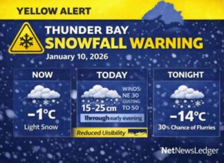 January 10, 2026: Thunder Bay’s Detailed Weather Forecast — Yellow Snowfall Warning in Effect Thunder Bay Weather - Yellow Alert Jan 10 2026