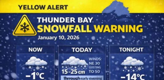 January 10, 2026: Thunder Bay’s Detailed Weather Forecast — Yellow Snowfall Warning in Effect Thunder Bay Weather - Yellow Alert Jan 10 2026