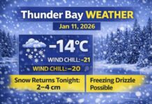 January 11, 2026: Thunder Bay Weather Focus — Wind Chill -21, Snow Returns Tonight Thunder Bay weather for Sunday, January 11, 2026: Mostly cloudy and -14°C this morning with wind chill near -21. Flurries possible late today, then snow tonight (2–4 cm) with a risk of freezing drizzle. Warmer Monday near +1°C.