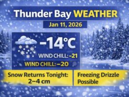 January 11, 2026: Thunder Bay Weather Focus — Wind Chill -21, Snow Returns Tonight Thunder Bay weather for Sunday, January 11, 2026: Mostly cloudy and -14°C this morning with wind chill near -21. Flurries possible late today, then snow tonight (2–4 cm) with a risk of freezing drizzle. Warmer Monday near +1°C.