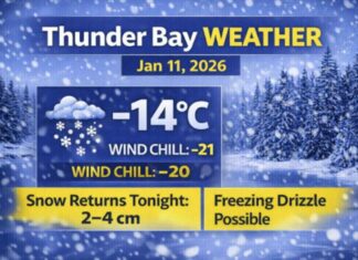 January 11, 2026: Thunder Bay Weather Focus — Wind Chill -21, Snow Returns Tonight Thunder Bay weather for Sunday, January 11, 2026: Mostly cloudy and -14°C this morning with wind chill near -21. Flurries possible late today, then snow tonight (2–4 cm) with a risk of freezing drizzle. Warmer Monday near +1°C.