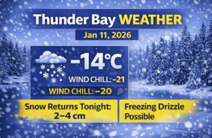 Thunder Bay weather for Sunday, January 11, 2026: Mostly cloudy and -14°C this morning with wind chill near -21. Flurries possible late today, then snow tonight (2–4 cm) with a risk of freezing drizzle. Warmer Monday near +1°C. Thunder Bay weather for Sunday, January 11, 2026: Mostly cloudy and -14°C this morning with wind chill near -21. Flurries possible late today, then snow tonight (2–4 cm) with a risk of freezing drizzle. Warmer Monday near +1°C.