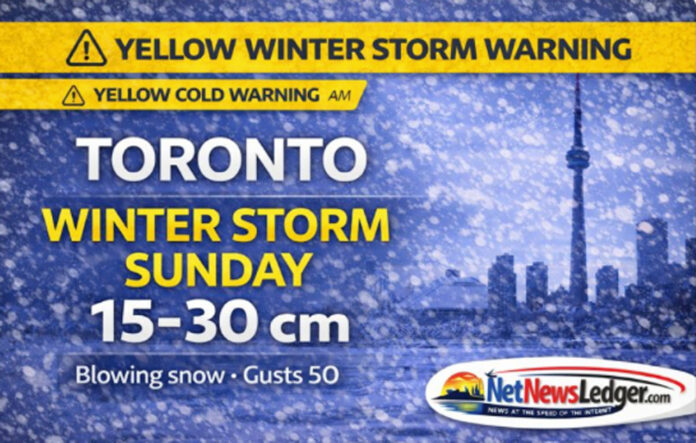 Toronto weather for Jan. 24, 2026: bitter cold this morning with a Yellow Cold Warning, then snow squalls tonight and a Yellow Winter Storm Warning for Sunday with 15–30 cm possible and near-zero visibility in blowing snow.
