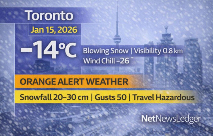Toronto weather update for January 15, 2026: Orange Snowfall Warning in effect with 20–30 cm expected. Heavy snow and blowing snow continue this morning with visibility under 1 km and hazardous travel conditions. Snow tapers late afternoon; more light snow possible Friday.
