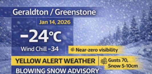January 14, 2026: Geraldton–Greenstone Detailed Weather Forecast — Yellow Blowing Snow Advisory and Bitter Wind Chills Geraldton–Greenstone weather forecast for January 14, 2026