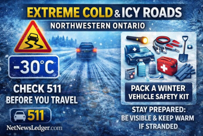 Extreme cold is icing NW Ontario roads; check 511 and pack a winter kit before you travel this week.