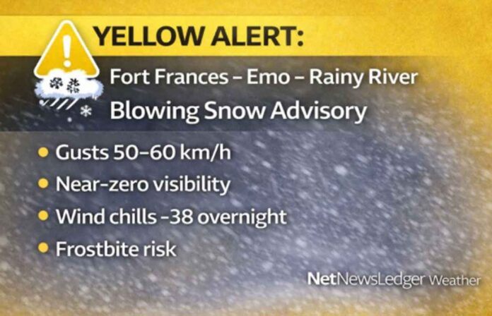 Fort Frances weather forecast for January 18, 2026: Yellow Blowing Snow Advisory in effect with periods of light snow today and worsening visibility as northwest winds gust to 50 km/h. Bitter cold tonight with wind chills near -38 and frostbite risk, continuing into Monday.