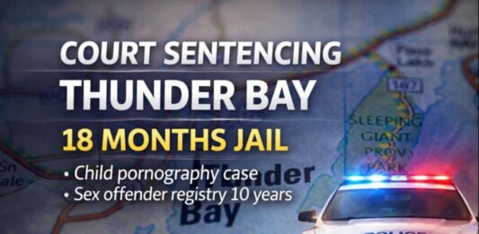 Thunder Bay Man Receives 18 Months in Jail for Possession of Child Pornography A 35-year-old man was sentenced in an Ontario court on January 29, 2026, after a conviction for possession of child pornography. Colin Andrew Palmquist appeared before Justice Emily Beaton for sentencing. Family members were present in court in support of the offender.