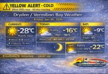 January 30, 2026: Dryden & Vermilion Bay Detailed Weather Forecast — Yellow Cold Warning Dryden and Vermilion Bay weather for Friday, January 30, 2026: Yellow Cold Warning with wind chills near -40 this morning. Sunny today with a high of -16°C, clear tonight near -25°C, and a milder weekend trend with snow chances Saturday night and Sunday.