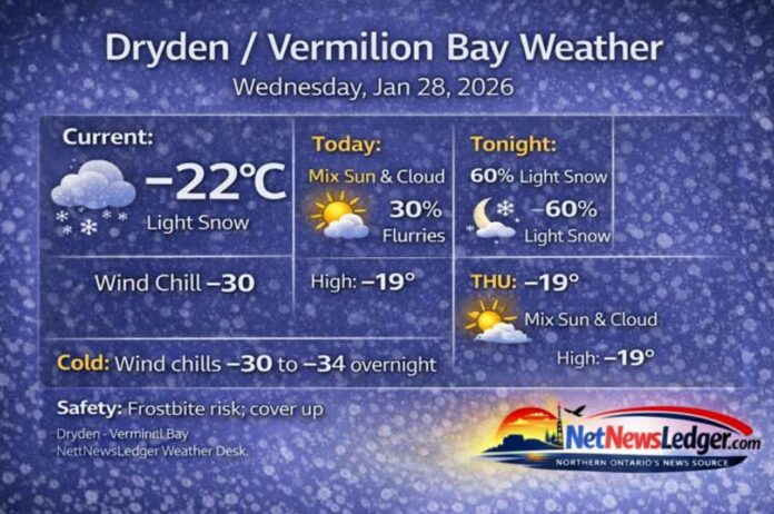 Dryden and Vermilion Bay weather for Wednesday, January 28, 2026: light snow this morning and a bitter cold day with wind chills near -32. Flurries possible today, a 60% chance of light snow tonight, and clearing into Friday with continued frostbite risk.