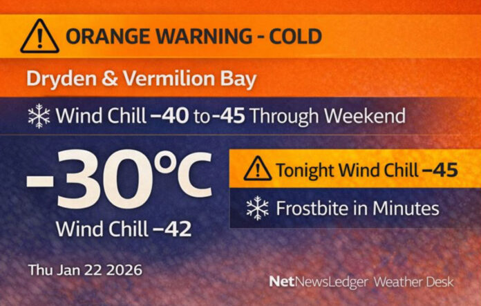 Dryden and Vermilion Bay face an Environment Canada Orange Cold Warning as wind chills plunge to -40 to -45 through the weekend. Dryden and Vermilion Bay face an Environment Canada Orange Cold Warning as wind chills plunge to -40 to -45 through the weekend.