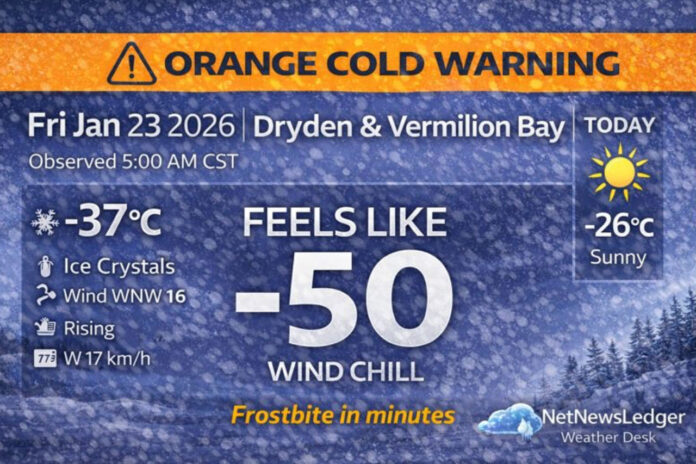 Dryden and Vermilion Bay remain under an Environment Canada Orange Cold Warning as wind chills push into the -40s and even near -50 this morning. Full forecast through the weekend, frostbite risk guidance, wardrobe tips, and pet/livestock cold safety. Dryden and Vermilion Bay remain under an Environment Canada Orange Cold Warning as wind chills push into the -40s and even near -50 this morning. Full forecast through the weekend, frostbite risk guidance, wardrobe tips, and pet/livestock cold safety.