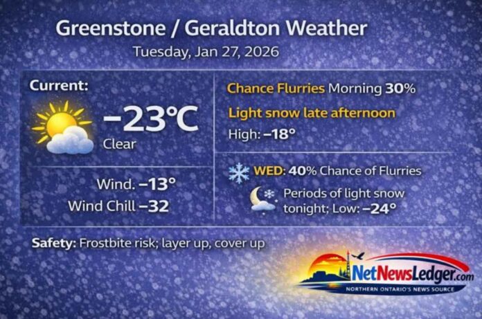 Greenstone–Geraldton weather forecast for Tuesday, January 27, 2026: clear and cold near -23°C with wind chill -32. Light snow develops late today