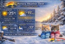 January 30, 2026: Kenora Detailed Weather Forecast — A “Two Pairs of Mittens on Your Kittens” Friday Kenora weather forecast for Friday, January 30, 2026: clear and bitterly cold near -25°C with wind chills around -34 this morning. Sunny today, clear tonight, warming trend Saturday to -8°C, with snow chances returning Saturday night and Sunday