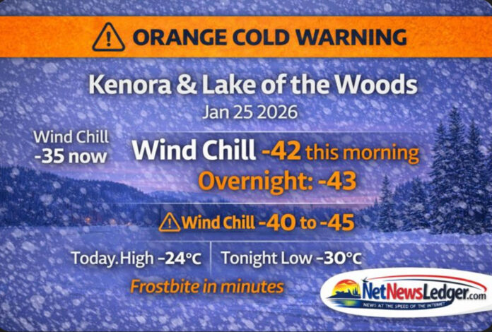 Kenora and Lake of the Woods remain under an Orange Cold Warning on Jan. 25, 2026. Wind chills reach -40 to -45 through the weekend with frostbite risk in minutes, easing slightly Monday. Full forecast, safety guidance, and what to wear Kenora and Lake of the Woods remain under an Orange Cold Warning on Jan. 25, 2026. Wind chills reach -40 to -45 through the weekend with frostbite risk in minutes, easing slightly Monday. Full forecast, safety guidance, and what to wear