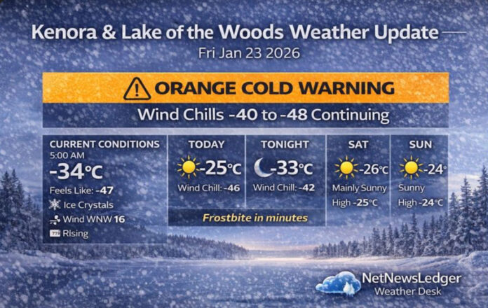 Kenora–Lake of the Woods is under an Environment Canada Orange Cold Warning as wind chills plunge to -40 to -48 through the weekend. Get current conditions, a detailed multi-day forecast, frostbite risk guidance, and what to wear for extreme cold. Kenora–Lake of the Woods is under an Environment Canada Orange Cold Warning as wind chills plunge to -40 to -48 through the weekend. Get current conditions, a detailed multi-day forecast, frostbite risk guidance, and what to wear for extreme cold.