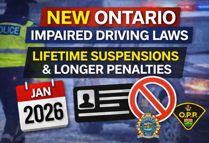 Thunder Bay Police remind residents of new Ontario impaired driving laws: longer suspensions, lifetime bans for fatal offences Thunder Bay Police remind residents of new Ontario impaired driving laws: longer suspensions, lifetime bans for fatal offences