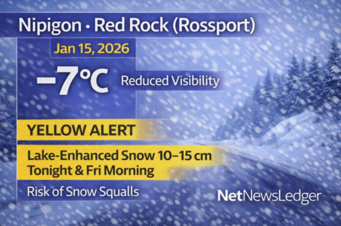 Nipigon–Red Rock weather forecast for January 15, 2026: Yellow Snowfall Warning in effect with lake-enhanced snow tonight through Friday morning. Expect 10–15 cm, reduced visibility, and risk of snow squalls. Travel conditions may deteriorate rapidly.