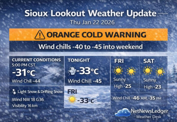 Sioux Lookout–Eastern Lac Seul remains under an Environment Canada Orange Cold Warning as wind chills hit -40 to -45 through the weekend. Full forecast, frostbite risk details, wardrobe guidance, and cold safety tips. Sioux Lookout–Eastern Lac Seul remains under an Environment Canada Orange Cold Warning as wind chills hit -40 to -45 through the weekend. Full forecast, frostbite risk details, wardrobe guidance, and cold safety tips.