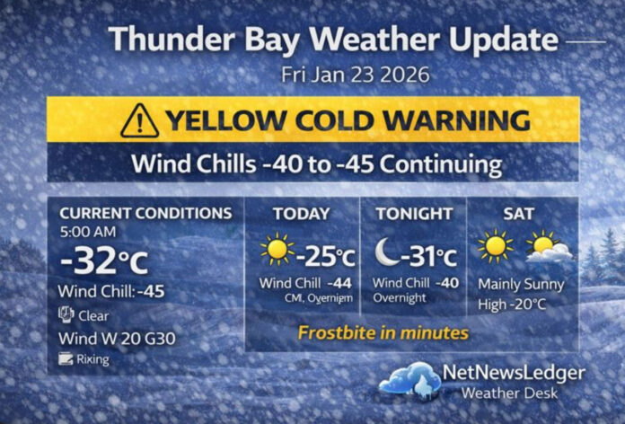 Thunder Bay faces extreme cold on Jan. 23, 2026 with a Yellow Cold Warning in effect. Morning wind chill hits -45, with wind chills -40 to -45 continuing into the weekend