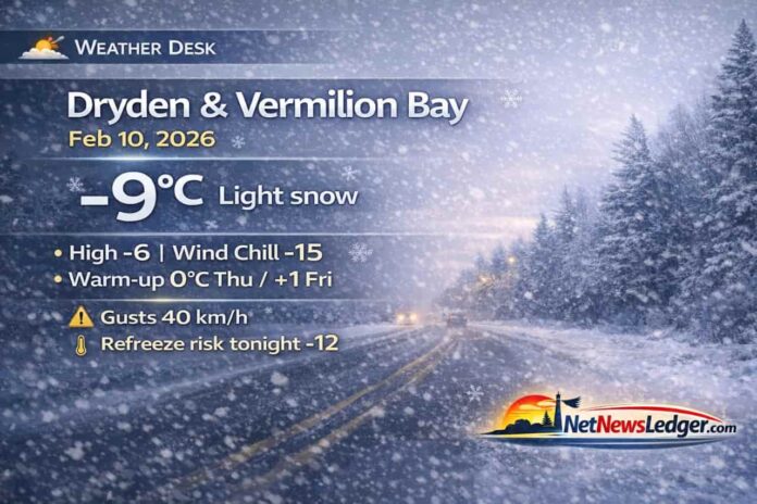 Dryden and Vermilion Bay weather for Tuesday, February 10, 2026: light snow with gusty northwest winds and wind chill near -15. Cloudy tonight with a chance of flurries and a low of -12