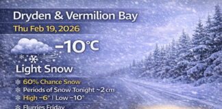 Feb 19 2026 – Dryden and Vermilion Bay Weather Outlook Dryden and Vermilion Bay Weather
