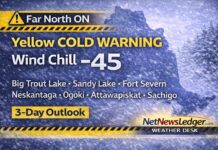 February 22, 2026: Far North Ontario Weather Report Far North Ontario weather forecast (Feb 22, 2026) for Big Trout Lake (KI), Sandy Lake, Fort Severn, Neskantaga, Ogoki Post, Attawapiskat and Sachigo Lake: Yellow Cold Warning in effect with wind chills near -45, frostbite risk, and a three-day outlook showing extreme lows and limited improvement.
