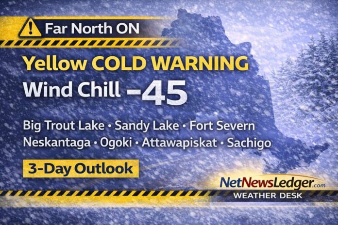 Far North Ontario weather forecast (Feb 22, 2026) for Big Trout Lake (KI), Sandy Lake, Fort Severn, Neskantaga, Ogoki Post, Attawapiskat and Sachigo Lake: Yellow Cold Warning in effect with wind chills near -45, frostbite risk, and a three-day outlook showing extreme lows and limited improvement.