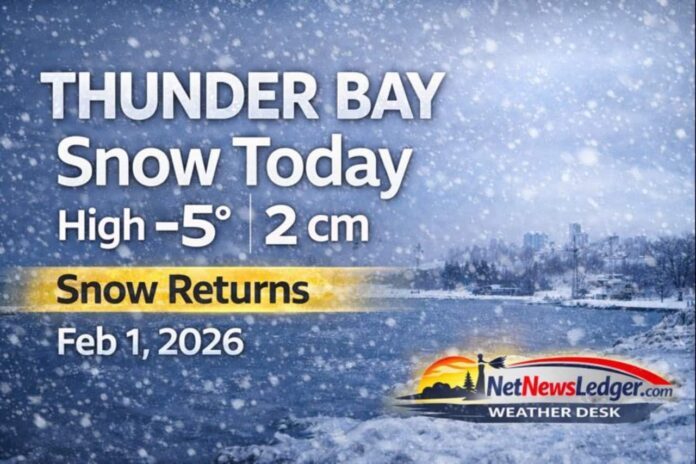 Thunder Bay weather for Sunday, February 1, 2026: mostly cloudy and cold near -18°C this morning with periods of snow starting early and about 2 cm expected Thunder Bay weather for Sunday, February 1, 2026: mostly cloudy and cold near -18°C this morning with periods of snow starting early and about 2 cm expected