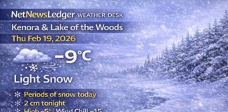 February 19, 2026: Kenora & Lake of the Woods Weather — Light Snow Now, More Snow Tonight, Flurries to Follow Kenora Weather