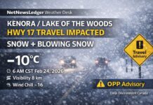 Feb. 24, 2026: Kenora & Lake of the Woods Detailed Weather Forecast — Snow + Drifting Snow Creating Hazardous Highway 17 Travel Kenora & Lake of the Woods weather for Feb. 24, 2026: light snow and drifting snow this morning with icy Highway 17 travel, snow ending late morning, gusty wind shifts bringing local blowing snow risk, then a bitter cold drop tonight with wind chills near -30 and frostbite risk.