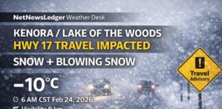 Feb. 24, 2026: Kenora & Lake of the Woods Detailed Weather Forecast — Snow + Drifting Snow Creating Hazardous Highway 17 Travel Kenora & Lake of the Woods weather for Feb. 24, 2026: light snow and drifting snow this morning with icy Highway 17 travel, snow ending late morning, gusty wind shifts bringing local blowing snow risk, then a bitter cold drop tonight with wind chills near -30 and frostbite risk.