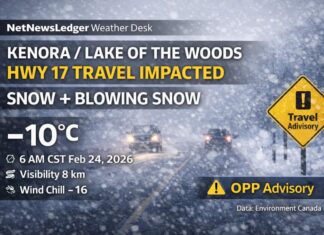 Feb. 24, 2026: Kenora & Lake of the Woods Detailed Weather Forecast — Snow + Drifting Snow Creating Hazardous Highway 17 Travel Kenora & Lake of the Woods weather for Feb. 24, 2026: light snow and drifting snow this morning with icy Highway 17 travel, snow ending late morning, gusty wind shifts bringing local blowing snow risk, then a bitter cold drop tonight with wind chills near -30 and frostbite risk.