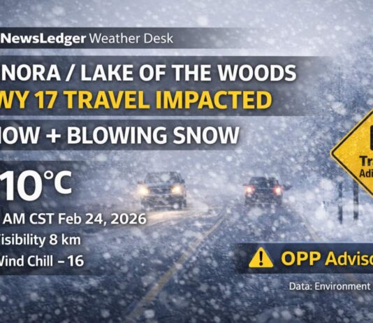 Feb. 24, 2026: Kenora & Lake of the Woods Detailed Weather Forecast — Snow + Drifting Snow Creating Hazardous Highway 17 Travel Kenora & Lake of the Woods weather for Feb. 24, 2026: light snow and drifting snow this morning with icy Highway 17 travel, snow ending late morning, gusty wind shifts bringing local blowing snow risk, then a bitter cold drop tonight with wind chills near -30 and frostbite risk.